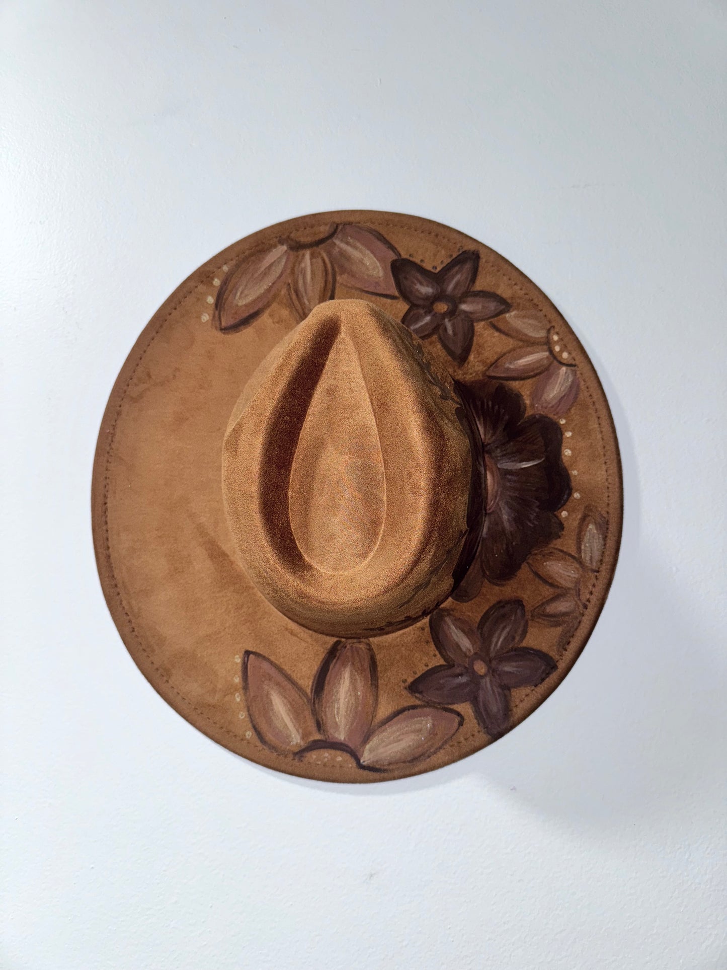 Handpainted brown floral hat  - Extra Wide Brim 3.75"