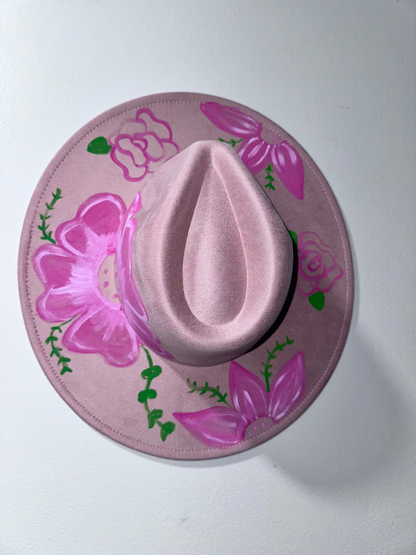 Handpainted adjustable brim floral hat- Extra Wide Brim 3.75"