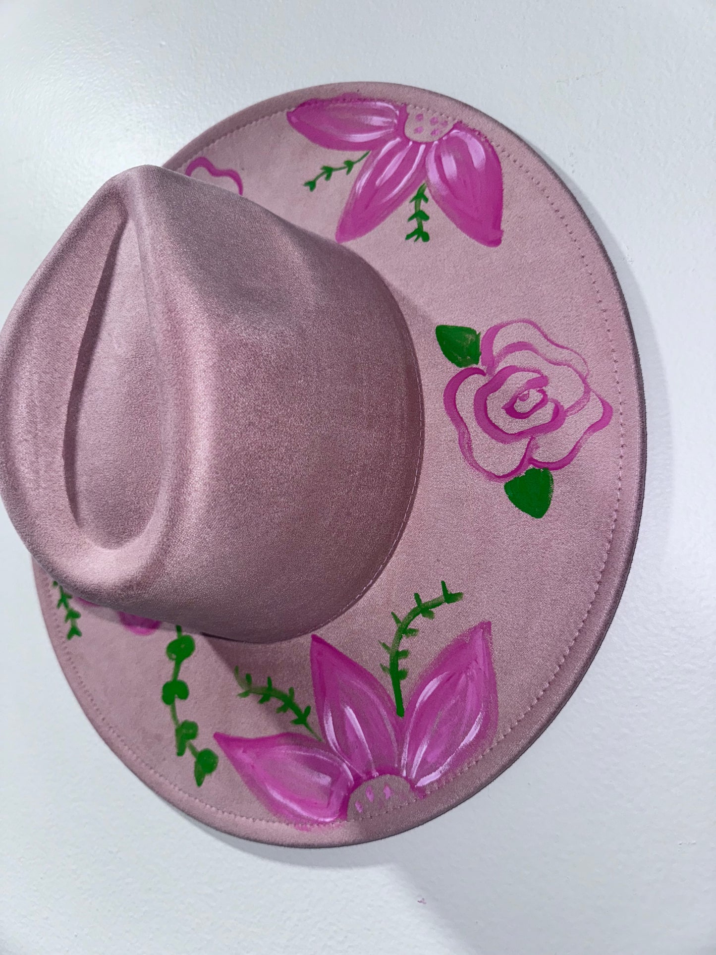 Handpainted adjustable brim floral hat- Extra Wide Brim 3.75"