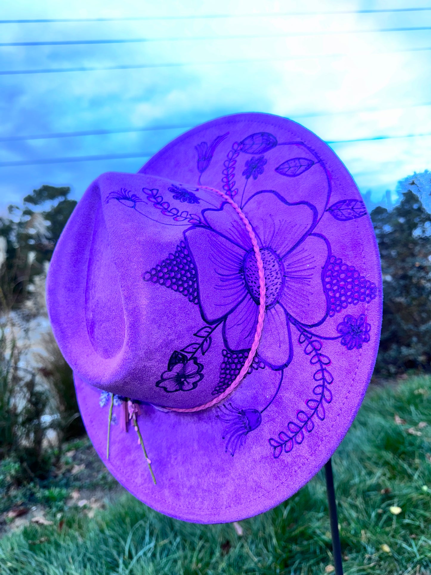 Purple Rain - Wide Brim 9.5cm suede hat. 56-58cm adjustable