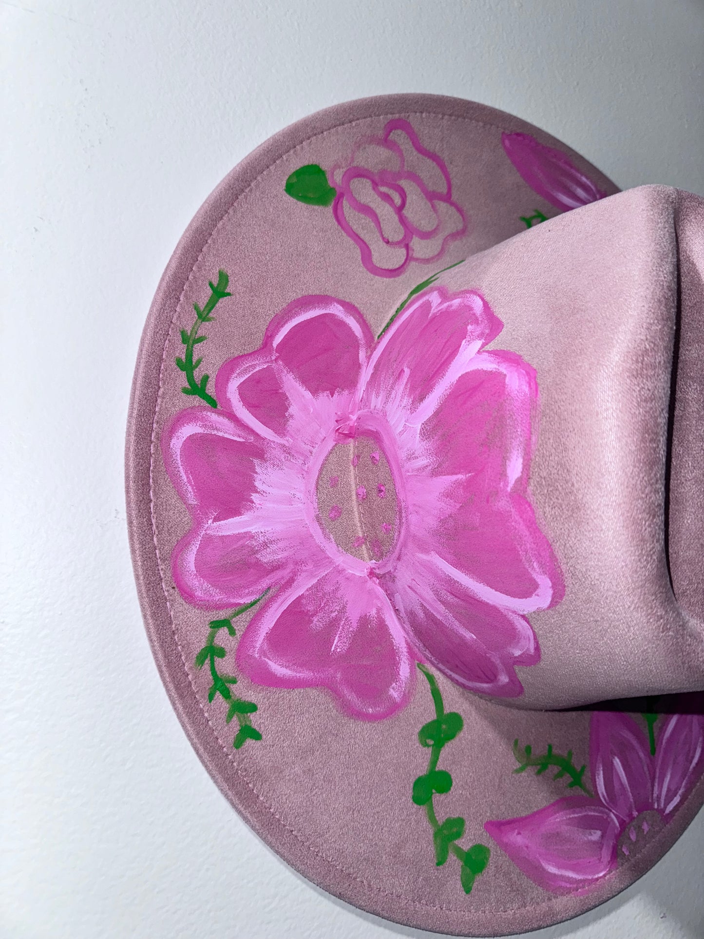 Handpainted adjustable brim floral hat- Extra Wide Brim 3.75"