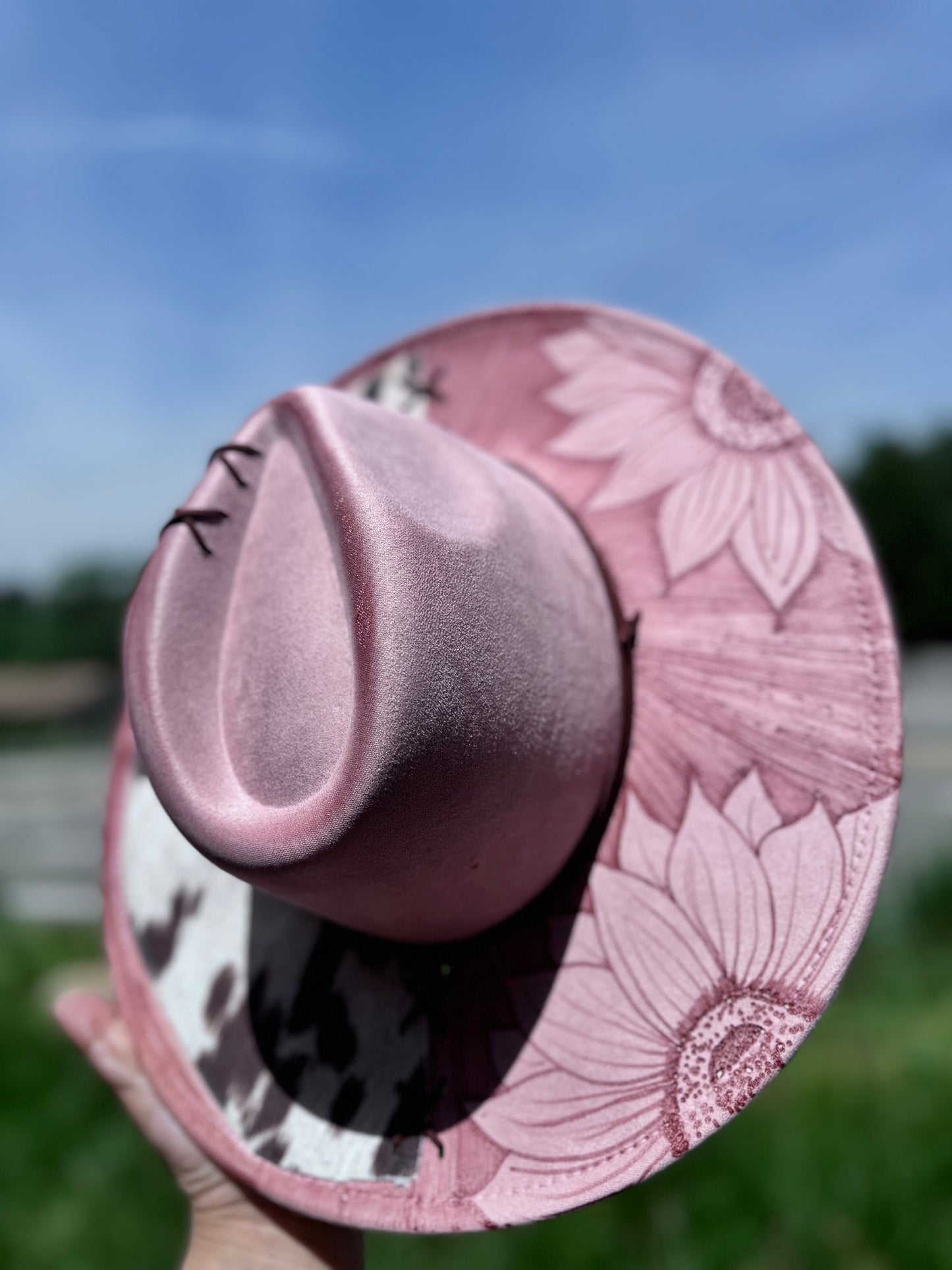 Reverse burned blush pink sunflowers & cowprint. -