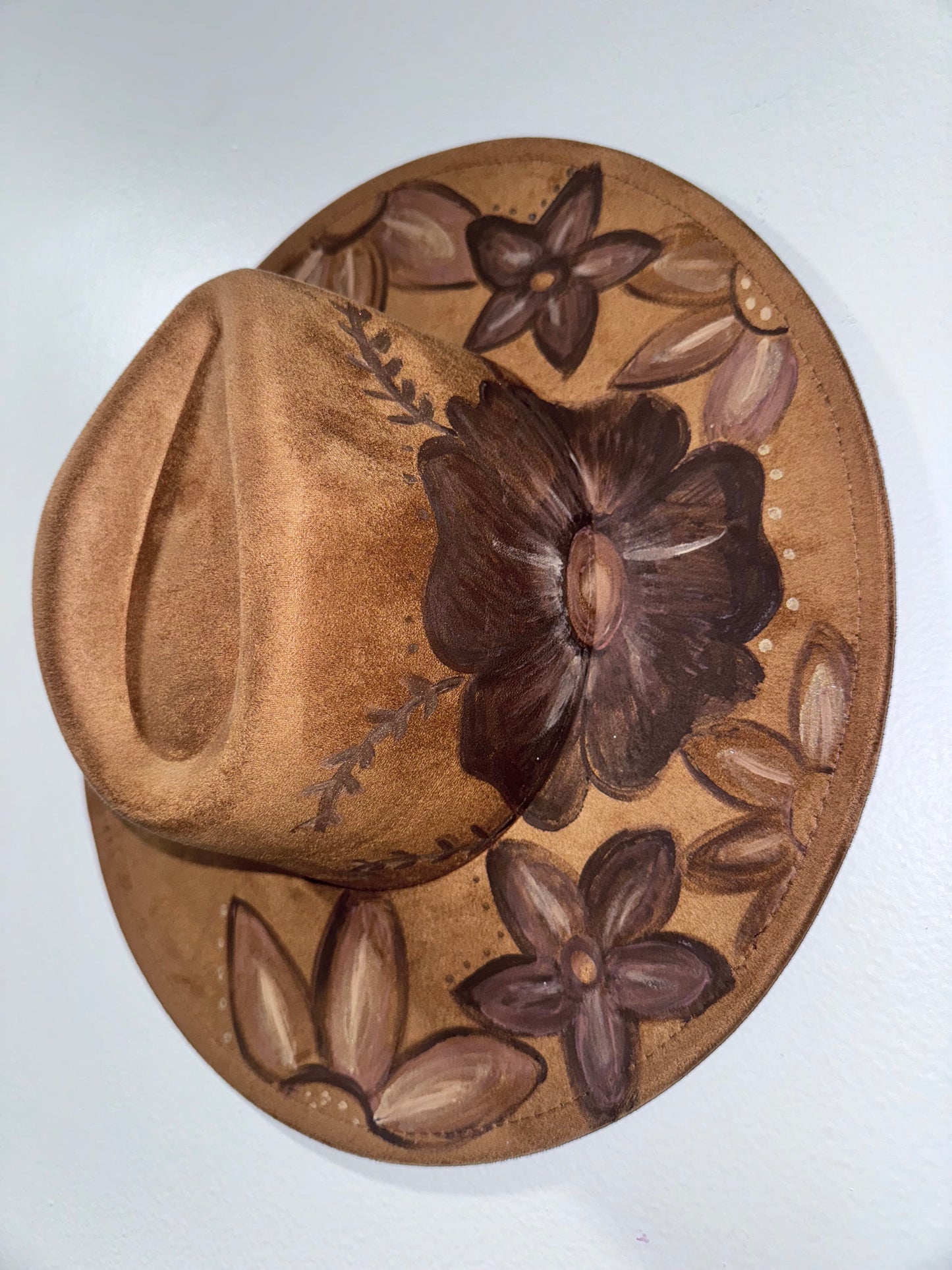 Handpainted brown floral hat  - Extra Wide Brim 3.75"