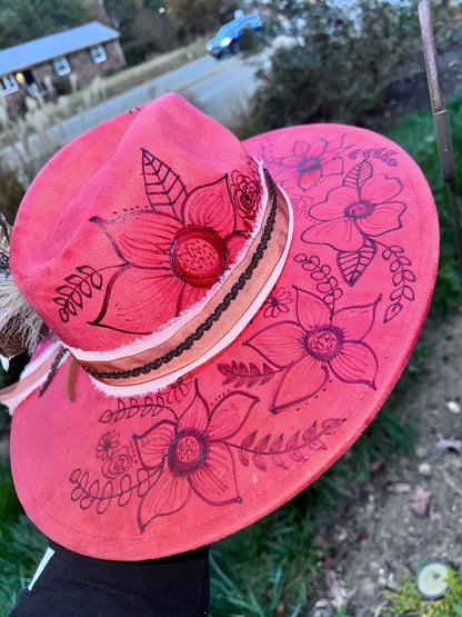 Sweet flower of mine - Rust Red Wide Brim 9.5cm suede hat. 56-58cm adjustable