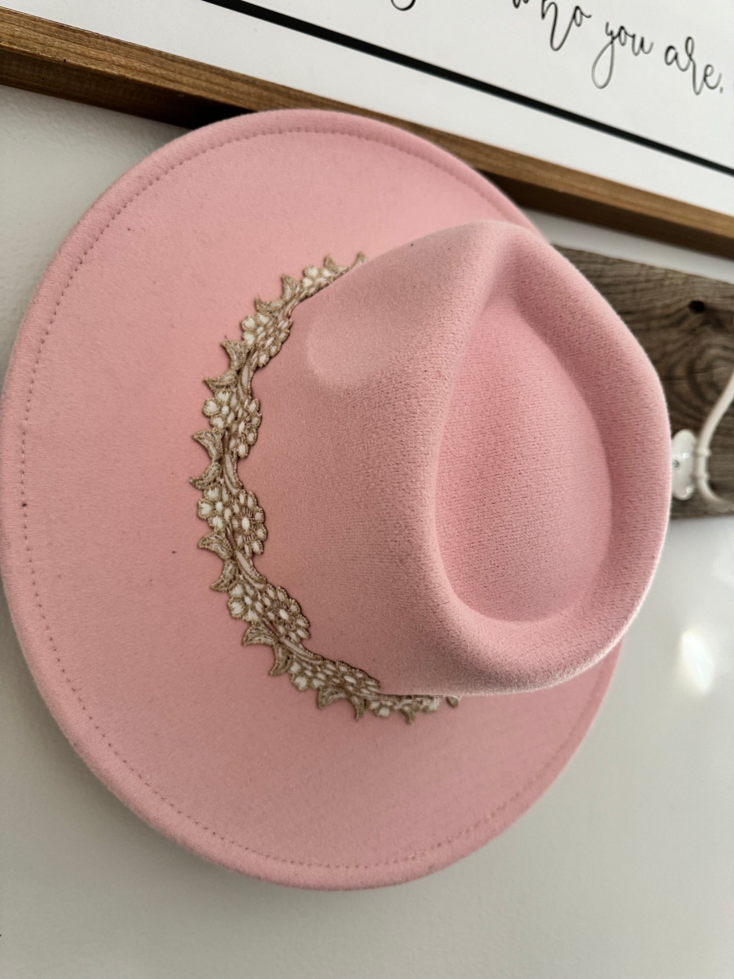 Light pink with band -  extra wide brim adjustable hat - adult poly blend