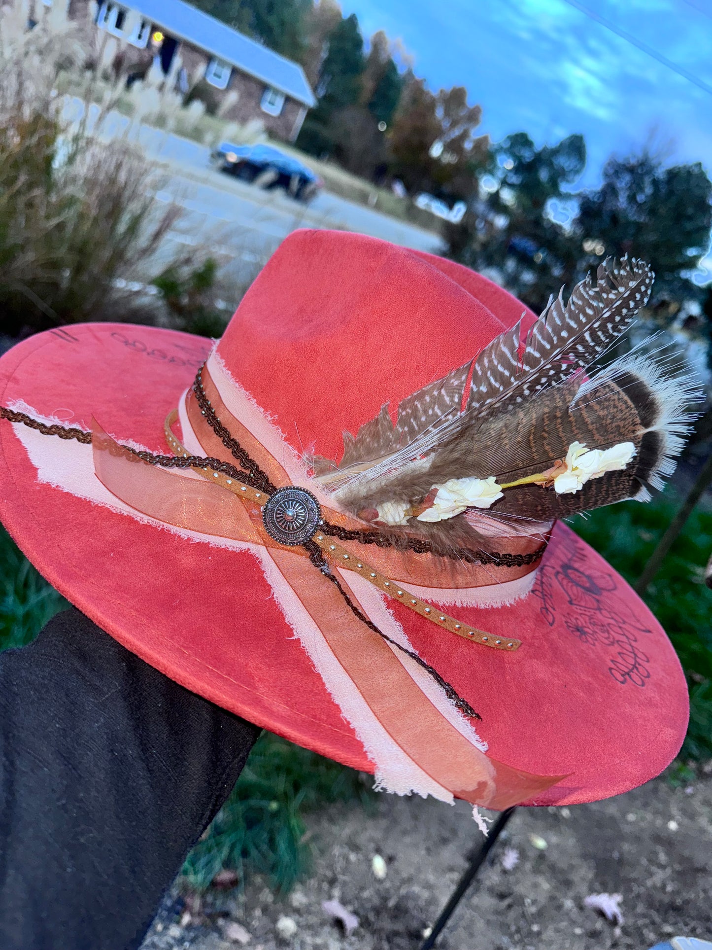 Sweet flower of mine - Rust Red Wide Brim 9.5cm suede hat. 56-58cm adjustable